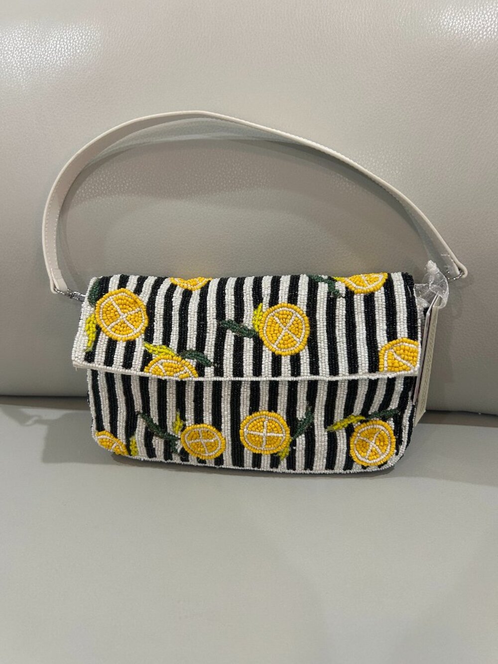 Beaded Lemon Striped Bag Handcrafted  in India Clutch or Shoulder Bag NWT